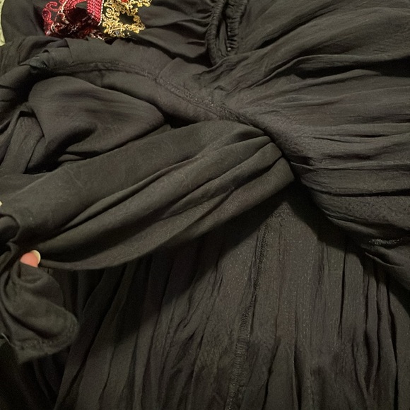 Free People Wild One Peasant Mini Dress SizeS Black Gold Embroidered Drop Waist - Picture 16 of 16